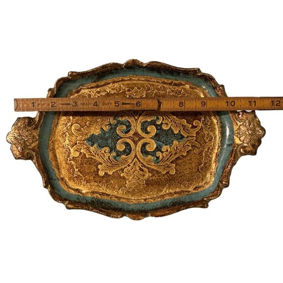 Vintage Florentine Gilded Wooden Tray From Italy Turquoise Blue And Gold - Picture 3 of 4